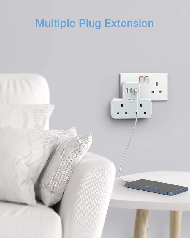 Plug Adapter with 3 USB Plug, TESSAN Double Plug Adaptor Extension Plug, 2 Way Multi Plug Extension with USB Charger Plug, Slim Multiple Plug Socket UK for Kitchen, Office, School Supplies 3