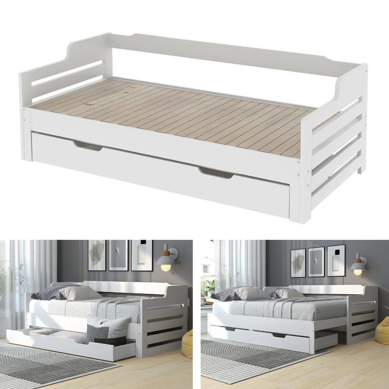Single Bed Turns Into Double, Pull Out Sofa Bed Double with Trundle and Storage Drawer, Cabin Daybed for Living Room and Bedroom, 90 X190 CM - White (No Mattress) 5