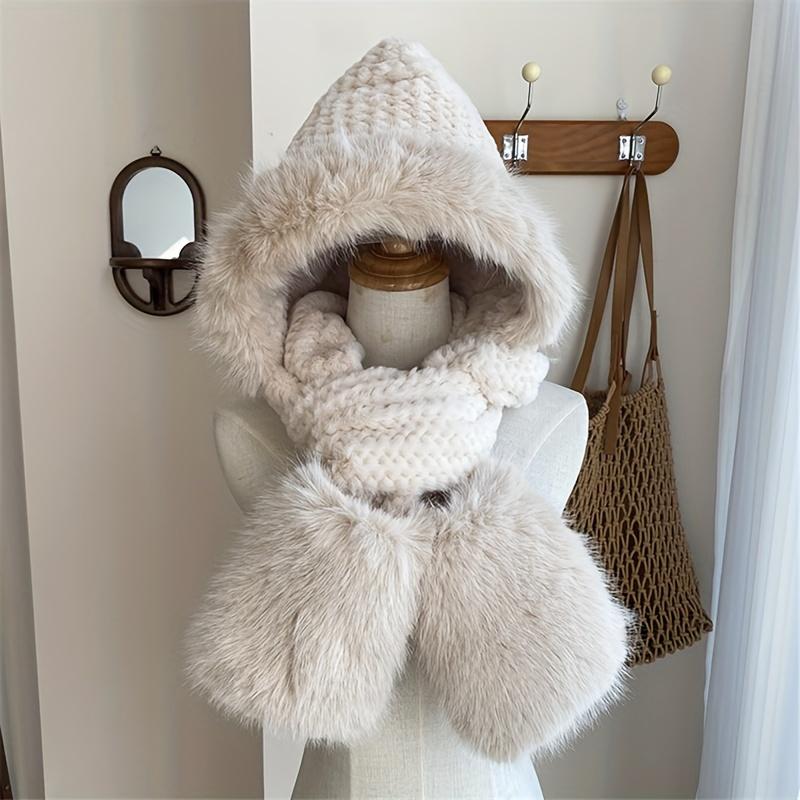 Product Introduction of Women's Faux Fur Hooded Balaclava - Polyester Knitted Winter Scarf with Ear Warmer & Toggle Closure - Thick Fleece Lined Thermal Hat for Outdoor Wind Protection 0
