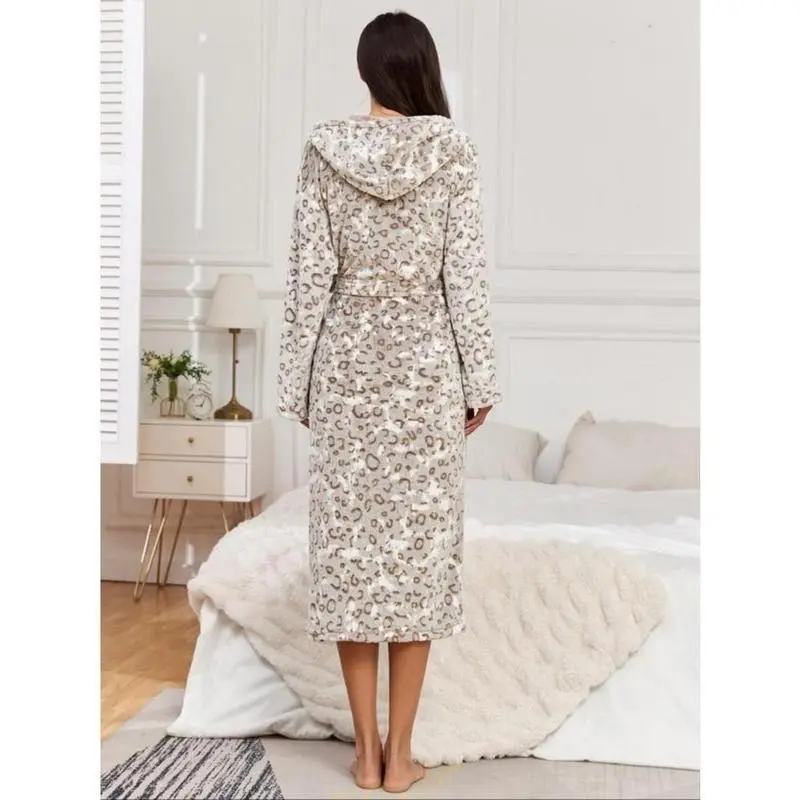 Women's Leopard Print Belted Hooded Flannel Lounge Robe, Casual Long Sleeve Pocket Design Bathrobe, Ladies Sleepwear for Fall & Winter 4