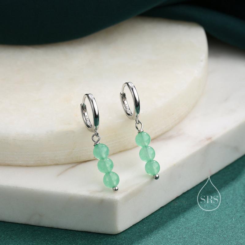 Genuine Green Chalcedony Stone Trio Huggie Hoop Earrings in Sterling Silver, Green Chalcedony Cluster Dangle Earrings, Three Stone Hoops 1