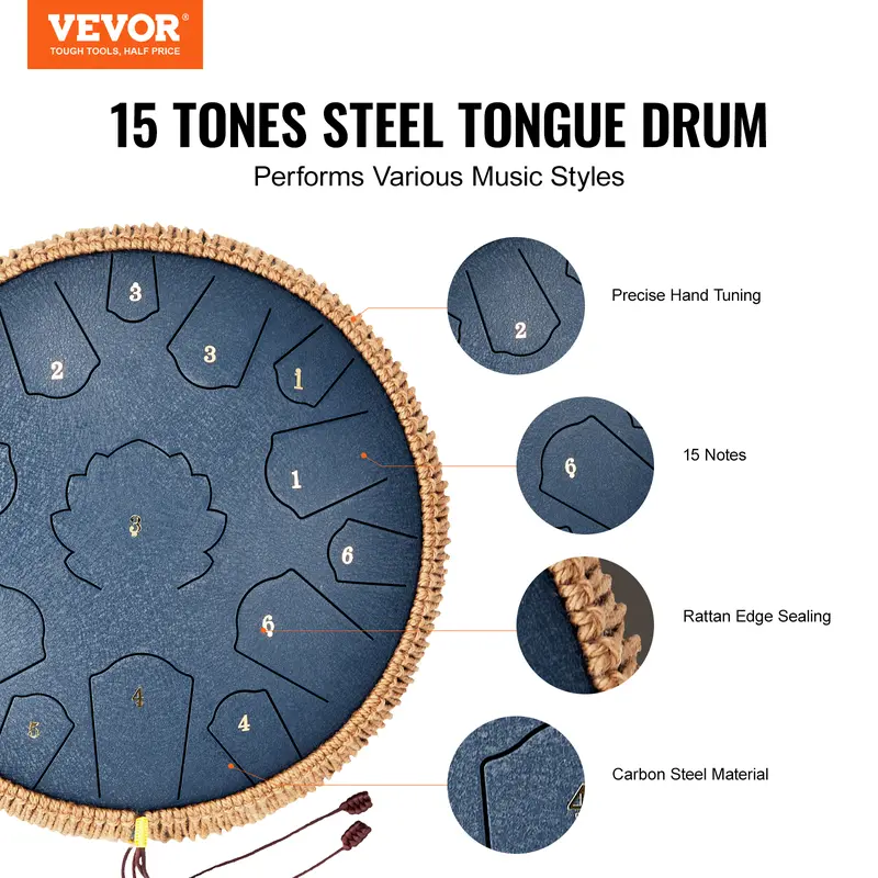 VEVOR Steel Tongue Drum, 14 in & 15 Notes, Rain Drum for Outside Garden, D Major Key, Tank Drum with 2 Mallets & Carry Bag, Hand Pan Drum Percussion Instrument for Musical Education Yoga, Navy Blue 1