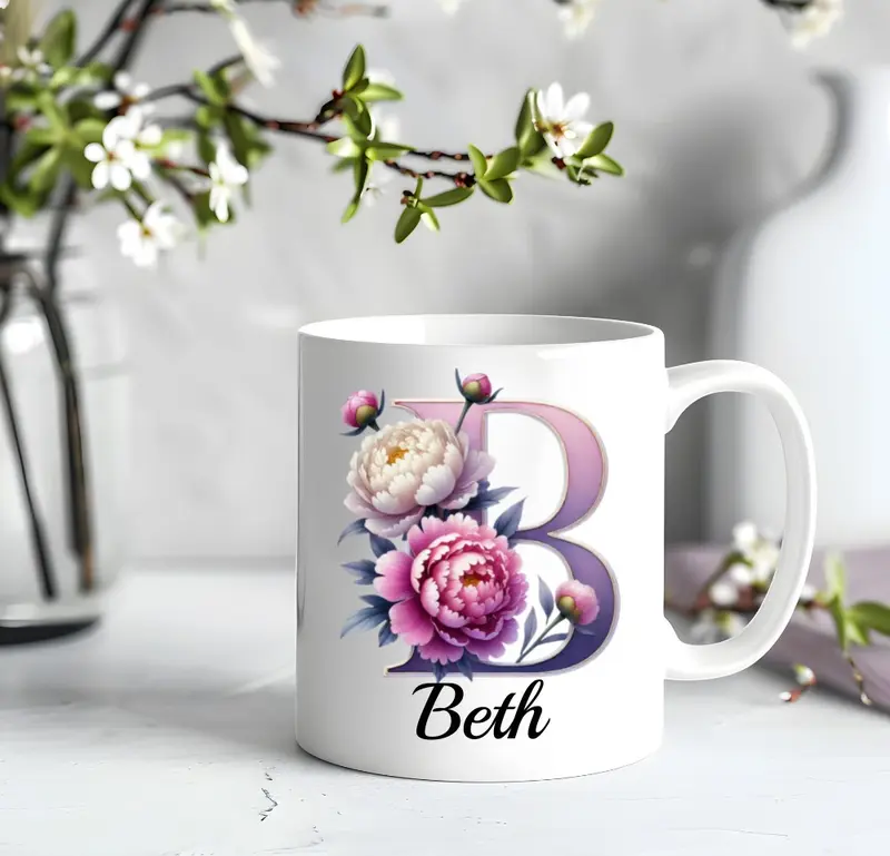 Personalised Mug Cup Peonies Beautiful Floral Initial Name Tea Coffee Boxed Gift Gifts for Her Peony Flowers 2
