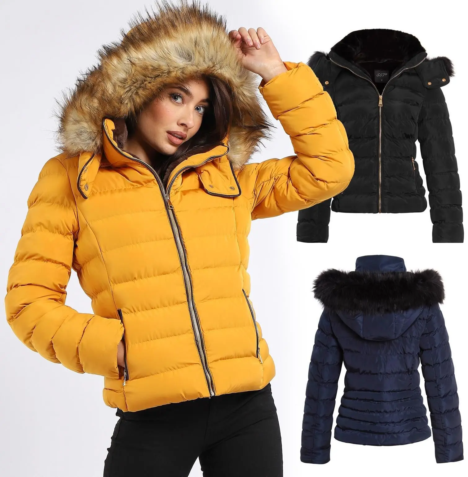 Womens Luxurious Faux Fur Hooded Zip Up Winter Padded Jacket Outerwear Womenswear Comfort Outdoor High Neck Coats Cute
