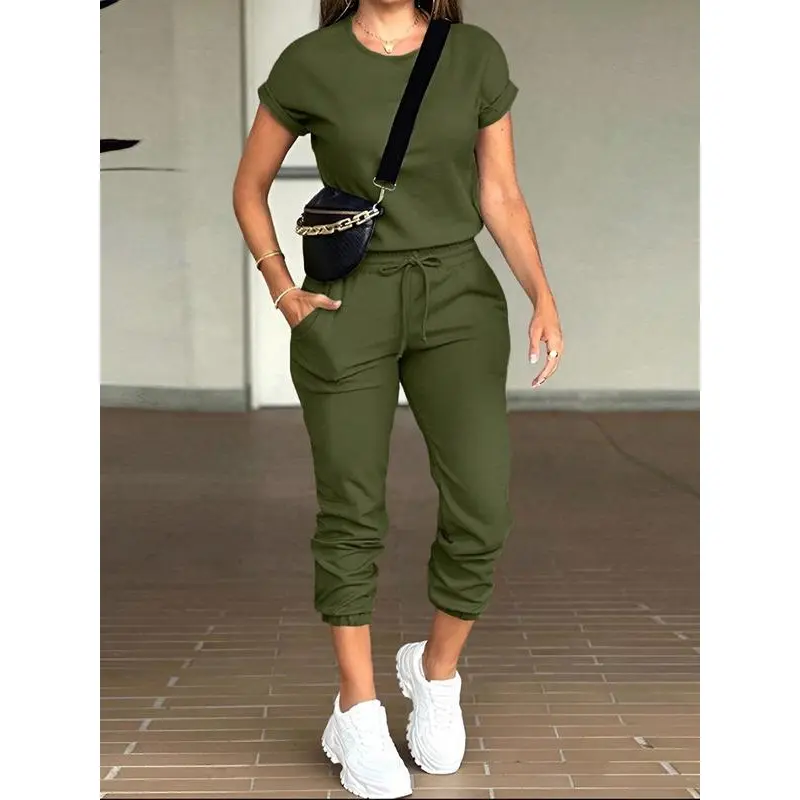 Two-Piece Set Women's Solid Batwing Sleeve Tee & Drawstring Waist Pants, Casual Round Neck T-shirt & Pocket Trousers for Summer, Ladies Clothes for Daily Wear