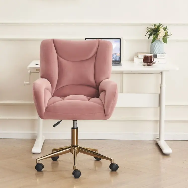Full KD Velvet Fabric Material Adjustable Height Swivel Home Office Chair For Indoor Office With Gold Legs, Pink 0