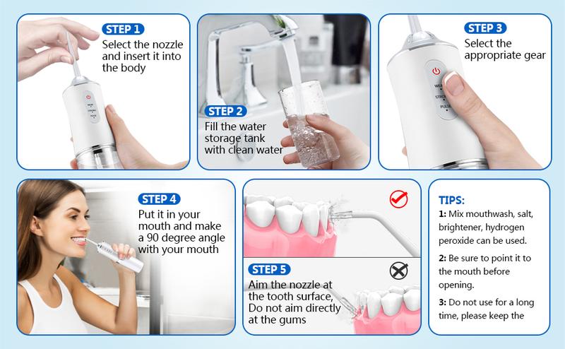 Product Introduction of 4 in 1 portable Electric Water Flosser uk - Home & Travel, Rechargeable Oral Irrigator with 4 Multi-functional Nozzles for Deep Cleaning flossing , Daily Oral Care and Dental Care, mouth spray Men & Women, Floss teeth, Pink, White tooth Comfort 19