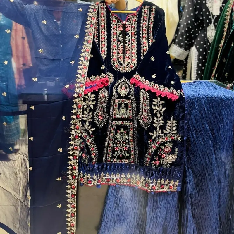 Agha Noor Heavy Velvet 3 Piece with Crushed Plazzo - Green Blue - Sizes M/L/XL - Chiffon, Casual 1