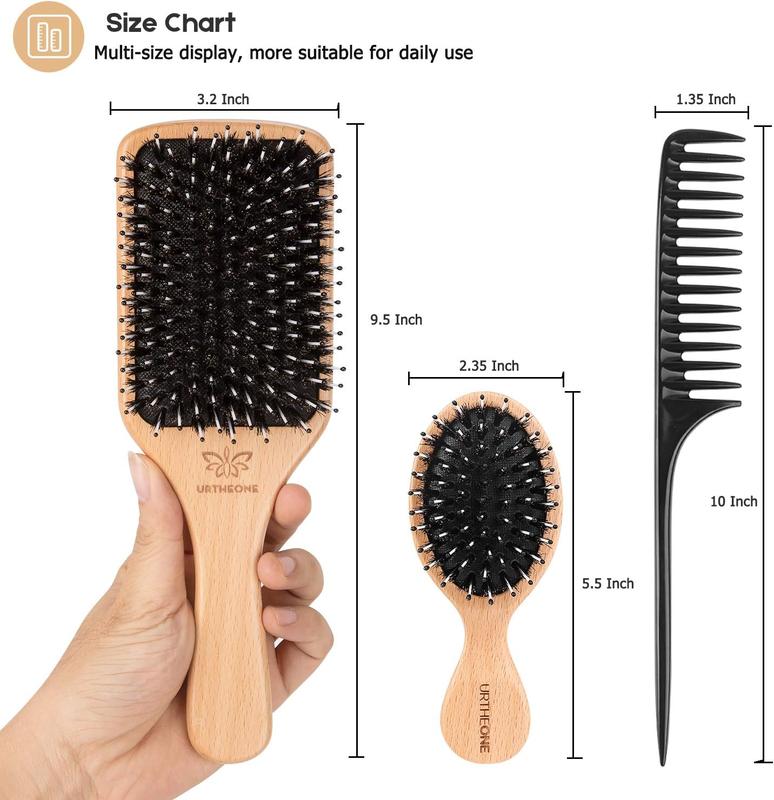 Boar Bristle Hair Brush and Comb Set for Women Men Kids, Best Natural Wooden Paddle Hairbrush and Small Travel Styling Brush for Wet or Dry Hair Detangling Smoothing Massaging 5