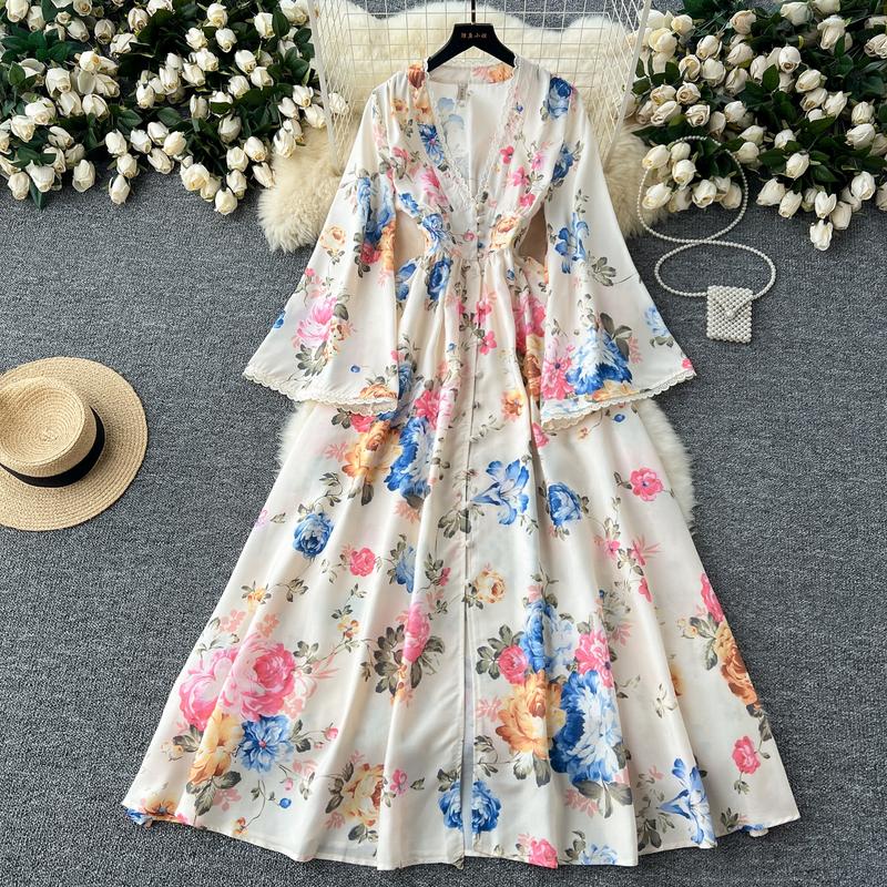 High-end Floral Dresses Women V-neck Stitching Dress Long Maxi Dress 1