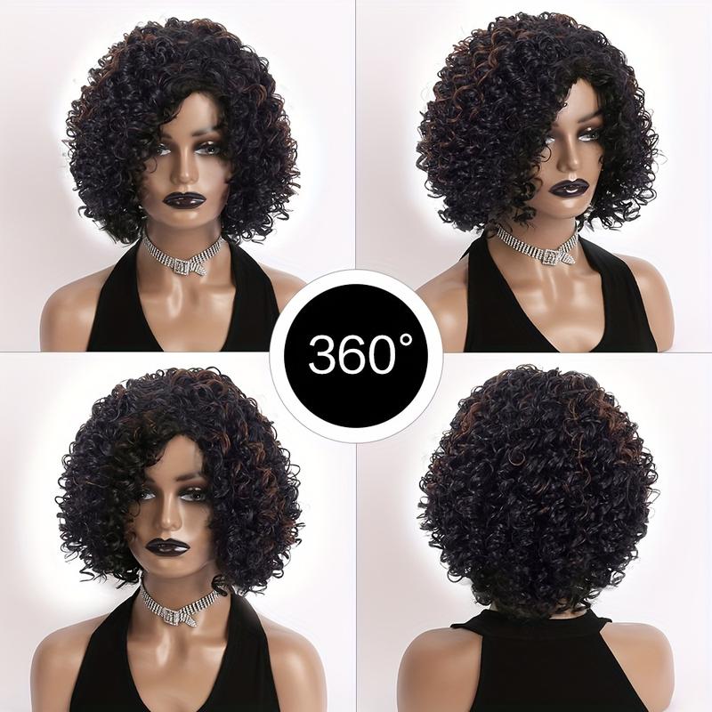 Elegant Afro Curly Kinky 12-inch Short Wig for Women, Elastic Cap, 130% Density, High Temperature Fiber, Natural Black and Brown, Heat Resistant Synthetic Hair Replacement for Daily Wear, Festive Outfits, and Parties 7