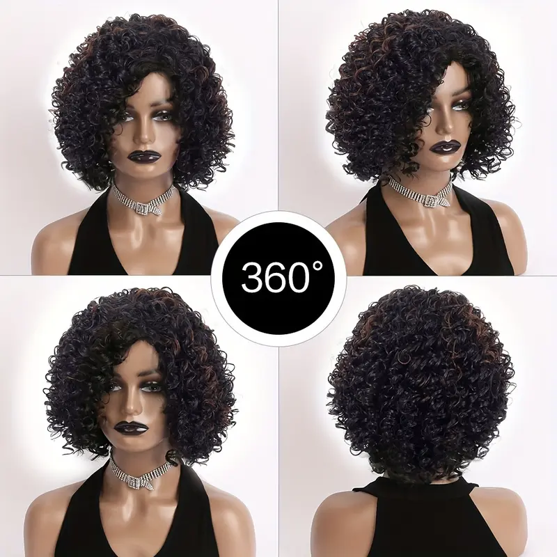 Elegant Afro Curly Kinky 12-inch Short Wig for Women, Elastic Cap, 130% Density, High Temperature Fiber, Natural Black and Brown, Heat Resistant Synthetic Hair Replacement for Daily Wear, Festive Outfits, and Parties 7
