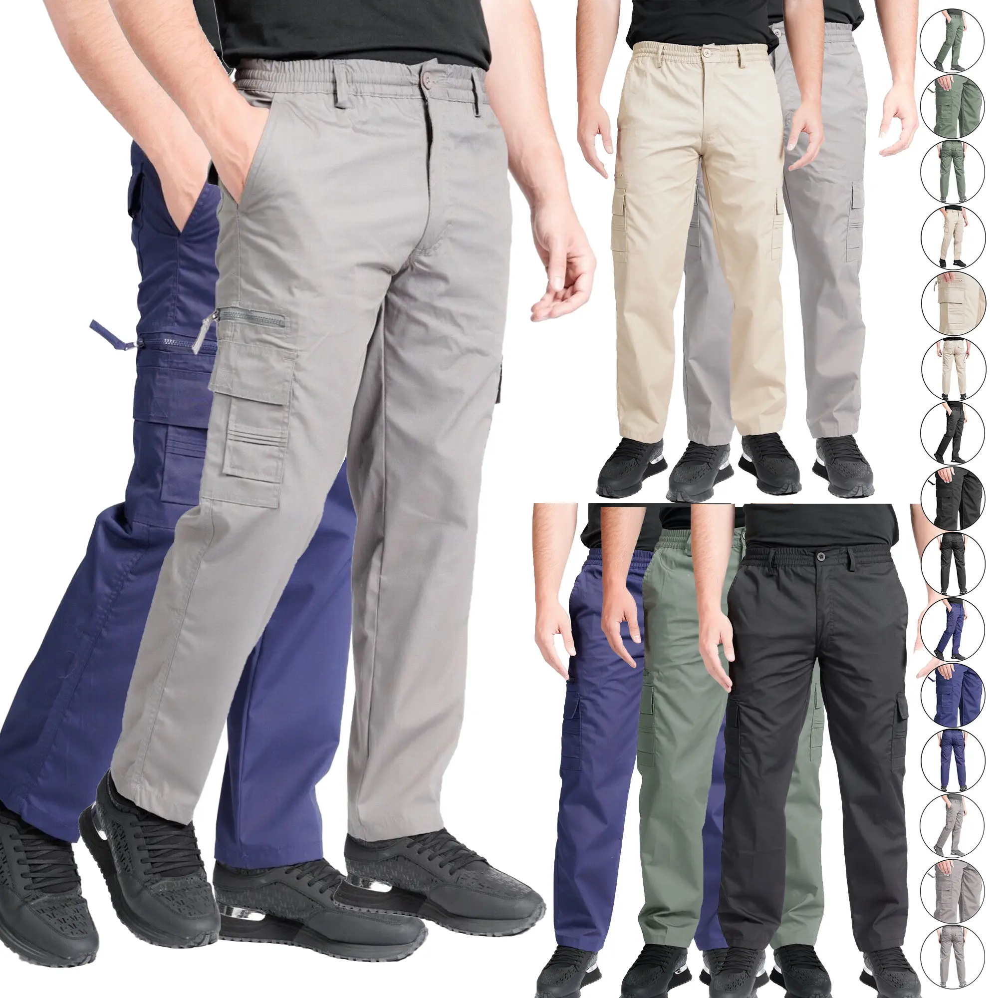 Mens Elasticated Waist Cargo Trousers Long Pants Multi Pockets Combat Menswear Cotton