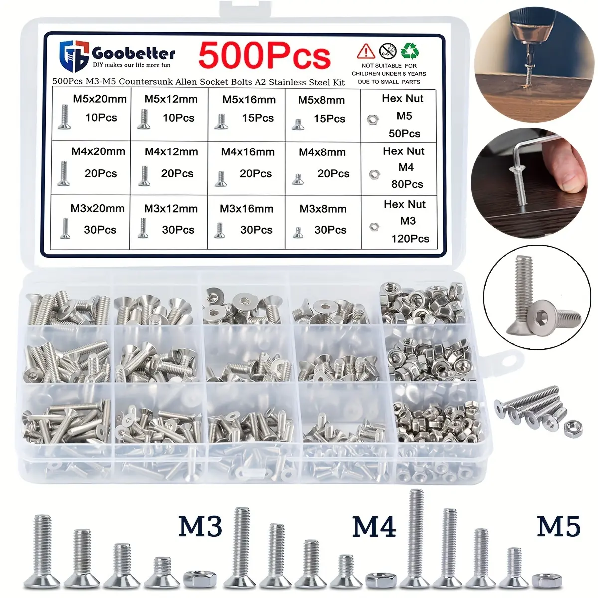 500pcs 304 Stainless Steel Countersunk Hexagonal Screws Boxed（Round head hexagonal socket、Cup head hexagon socket）