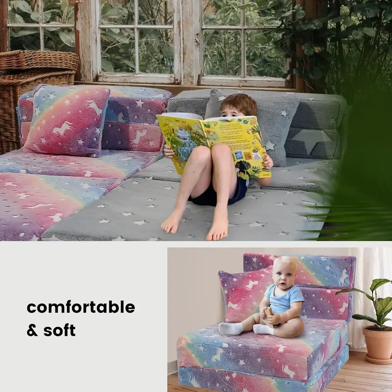 Kids Sofa Bed, Toddler Floor Mattress Glow in The Dark, Baby Modular Unicorn Couch, Fold Up Children Sofa Convertible Futon Folding Mattress Chair Bed for Playroom [Plus A Free Gift] 6