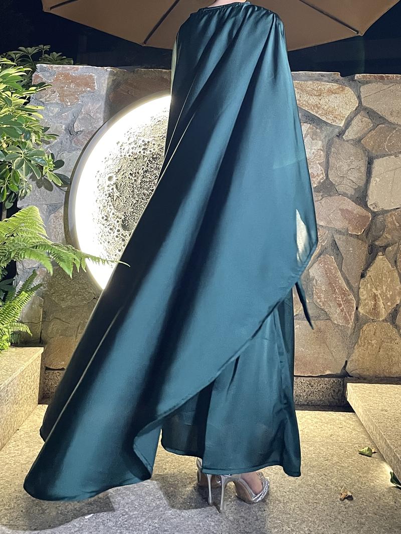 Product Introduction of 2025 Ramadan Promotion Two- piece Satin cape elegant dress , occasion abaya , Modest dress with pearl and crystal 19
