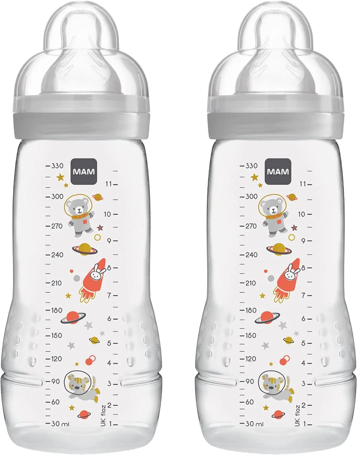 Baby Bottle with Fast Flow MAM Teats Size 3, Twin Pack of Baby Bottles, Baby Feeding, 330 ml, Grey (Designs May Vary)