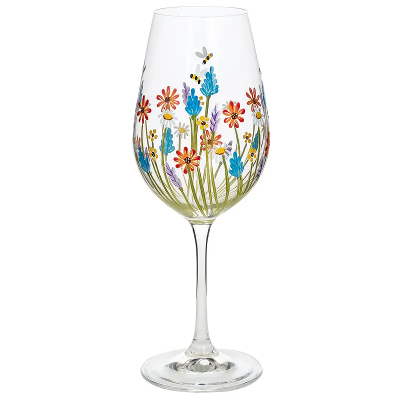 Shudehill Giftware Hand Painted Floral Design Wine Glass - Lavender, Poppy, Daisy, Butterfly, Bee, Dragonfly, Meadow Unique Pretty Designs Drinkware Drink 2