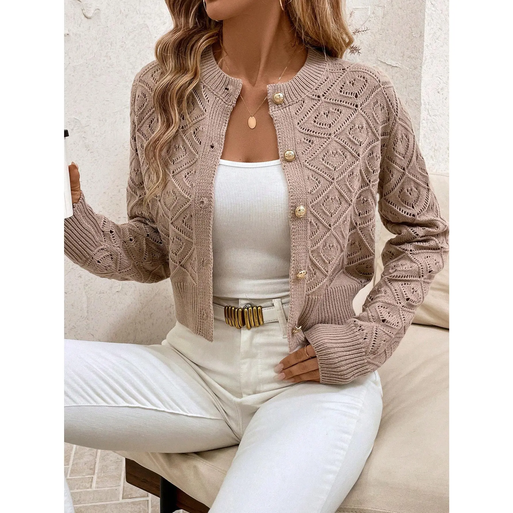 Clasi spring and autumn casual short hollow-out cardigan fall sweaters fall women sweaters cardigan sweater, long sleeve tops Fit Knitwear