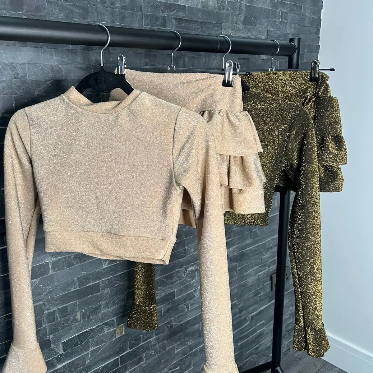 Women's Glitter Ruffle Skirt and Long Sleeve Top Set - Perfect for Any Occasion - Womenswear, Suits Feminine Clothing