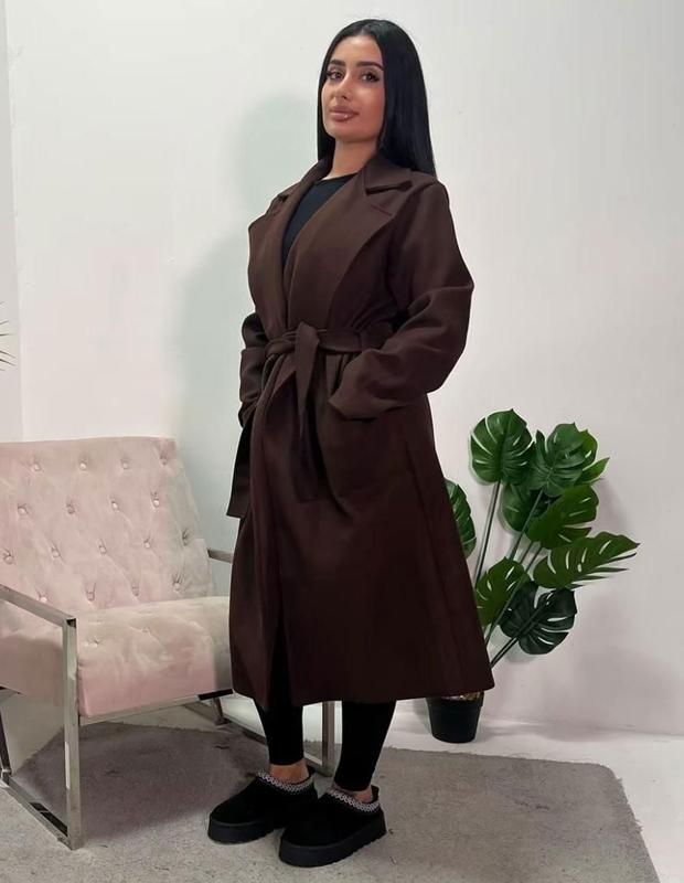 Womens Casual Long Sleeve Lapel Collar 2 Front Pockets Tie Up Long Coat Ladies Outdoor Winter Warm Belted Waist Trench Duster Long Coat Jacket 4