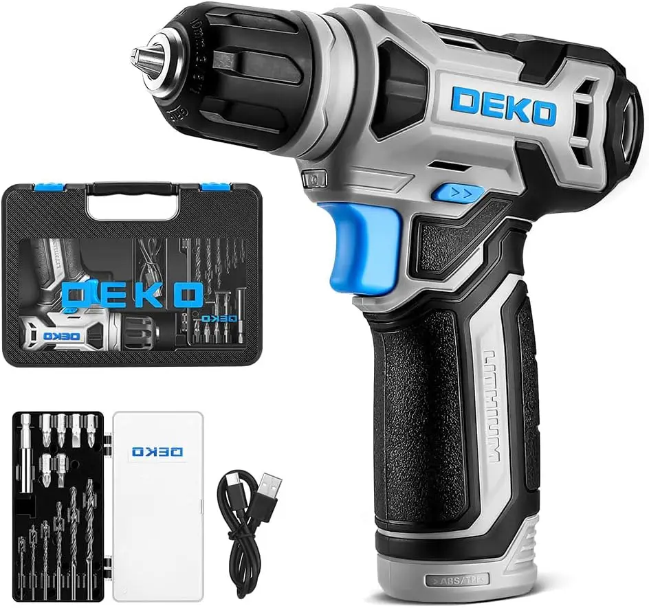 DEKO 8V Cordless Drill Set with case , Power Drill with 3/8" Keyless Chuck , 13pcs Acessories , Built-in LED , Type-C Charge Cable , Electric Drill Set for Men and Women repair tool