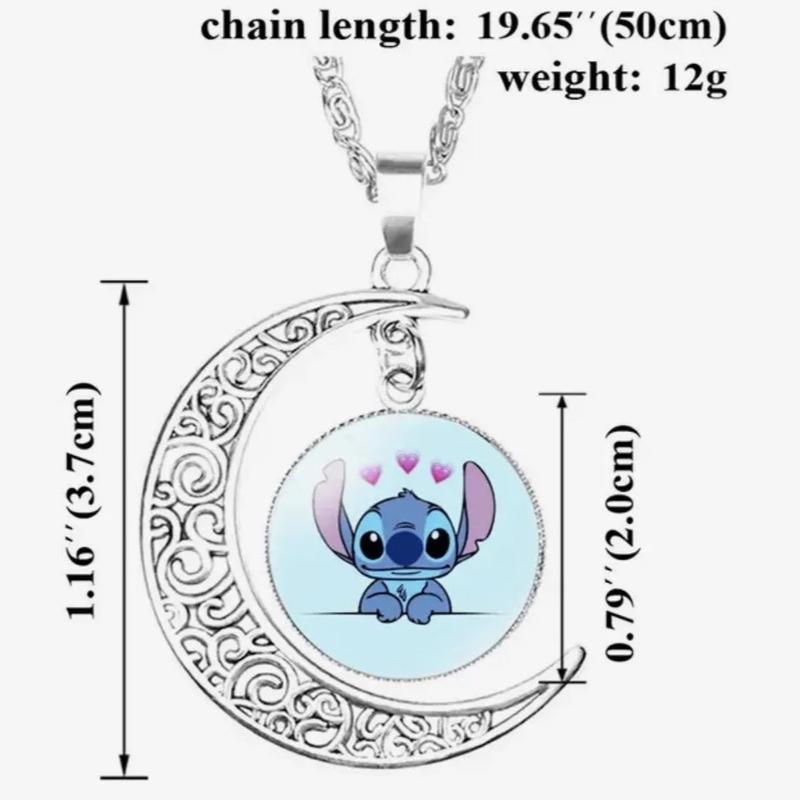 3 Piece Stitch and Angel  Necklace, Earring & Bracelet Set - Anime Cartoon 20mm Glass Dome Pendant Moon Alloy Chain Necklace Kids Gift Jewellery - Perfect Birthday / Christmas Gift 7