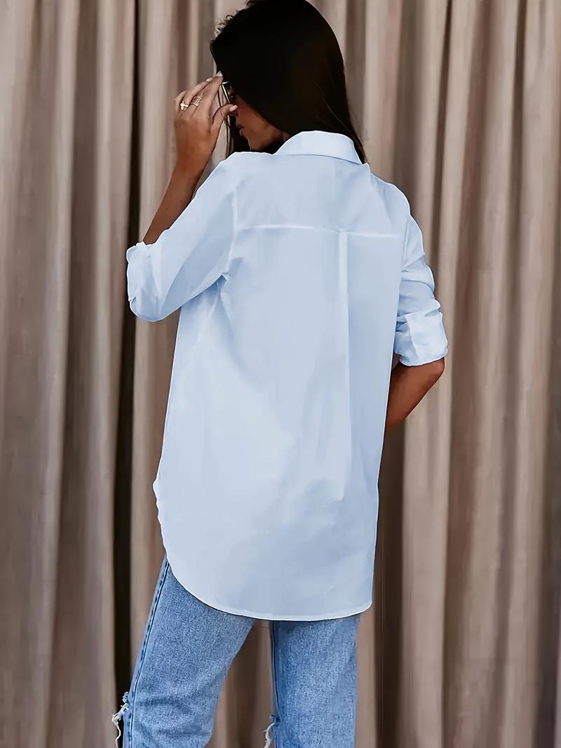 Product Introduction of Solid Button Front Shirt, Casual Turn Down Collar Office Work Shirt, Women's Clothing 22