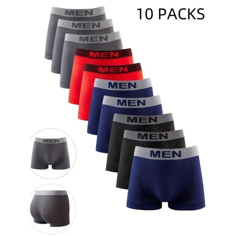 10pcs Comfy Mens Boxer Briefs - Soft, Breathable, Seamless, Medium Stretch Polyester Trunks with Elastic Waistband for Casual Daily Wear - Solid Color, Knit Fabric, No Sheer Menswear Underwear
