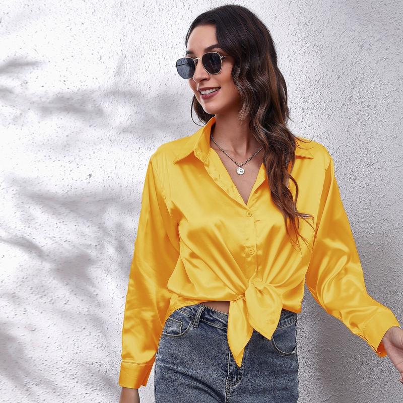 Product Introduction of Women's Satin Satin Imitation Silk Long Sleeved Shirt Elegant V-neck Retro Style Multicolor Shirt Top-Looki Ngi 16