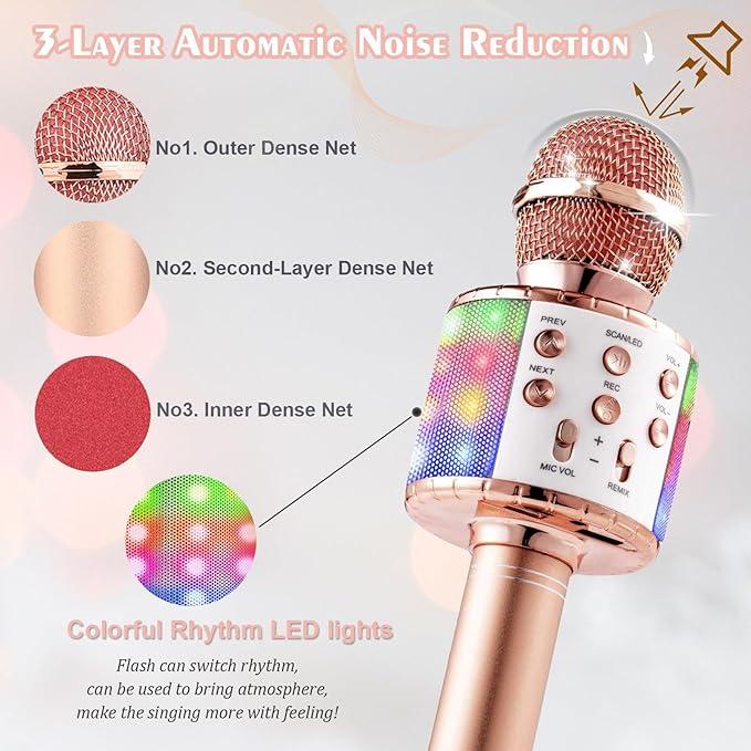 Wireless Bluetooth Karaoke Microphone with Led Lights Portable Handheld Singing Karaoke Speaker Machine Toys Gifts for Kids Adults - Rose Gold 6