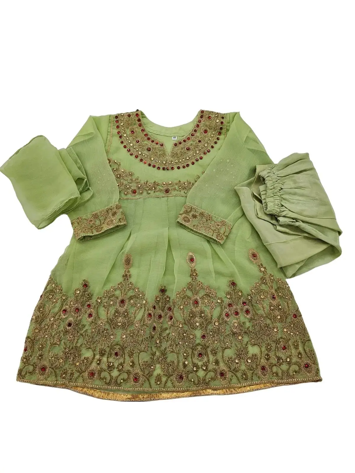 Girls Pakistani Embroidered Chiffon Dress Top With Trouser