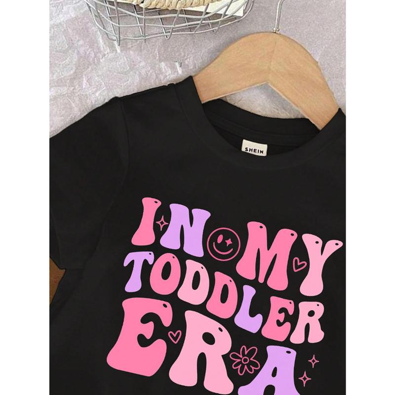 Baby Girl Casual Minimalist Letter Printed Short Sleeve Round Neck Top, Suitable For Summer 2