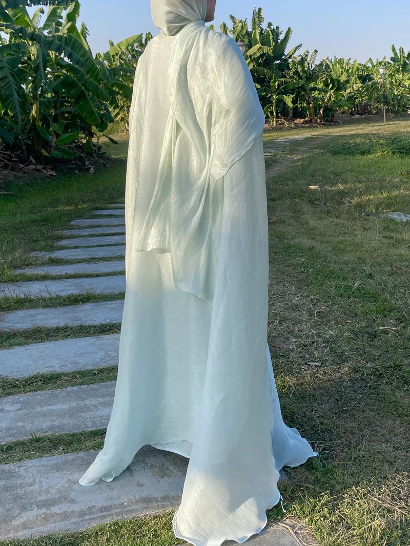 Product Introduction of #LY06  Ramadan Promotion Three-piece Elegant butterfly organza abaya set, shimmer abaya set with inner dress and hijab 16