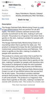 Product Review of Two Nuage Oatmeal Daily Moisturising Cream for All Skin Types - 600ml Fragrance Free, Gentle & Nourishing Body Care Lotion - Comfort, Moisturizer from C**a S**i T**a 0