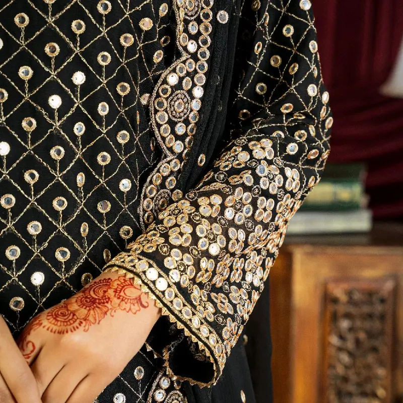 Luxury Chiffon 3pcs dressFormalwear with Heavy Embroidered Duppta and crush plazo Comfort Long Sleeve. 3