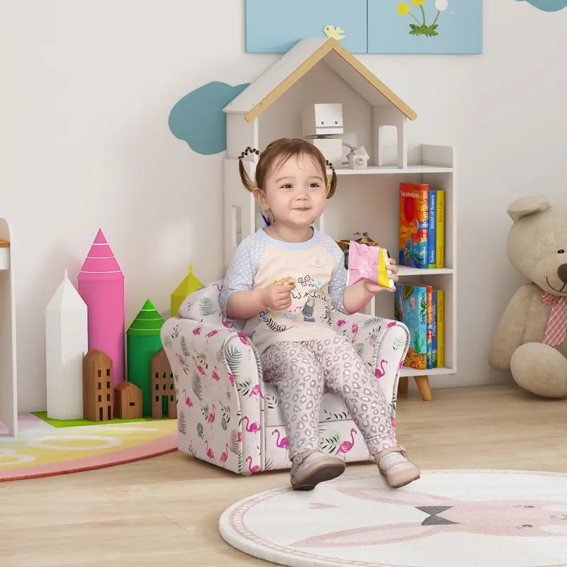 AIYAPLAY Kids Armchair with Flamingo Design, Wooden Frame, for Bedroom, Playroom, Kids Room, Pink 1