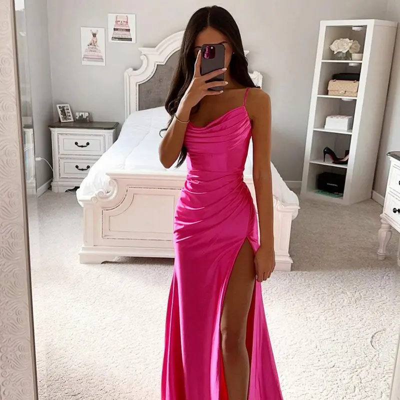 Summer Women's Sexy Vintage Tulle Long Dress  Spaghetti Strap Satin Pleated Low-cut V Neck High Split dress Party Gown Ball 4