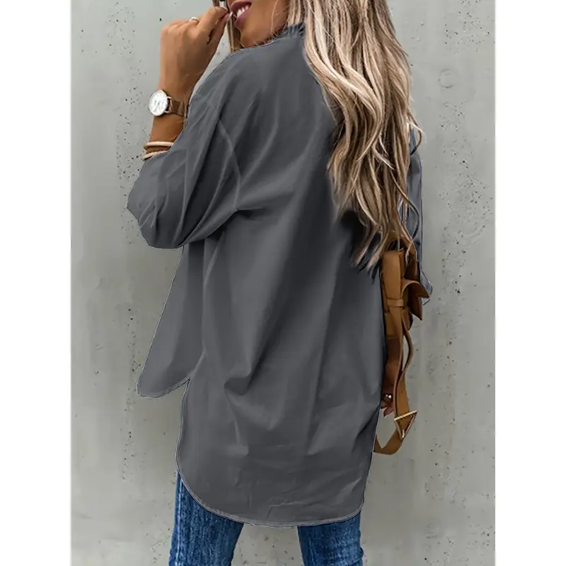 Button Front Long Sleeve Shirt, Casual Solid Office Shirt With Collar, Women's Clothing 6