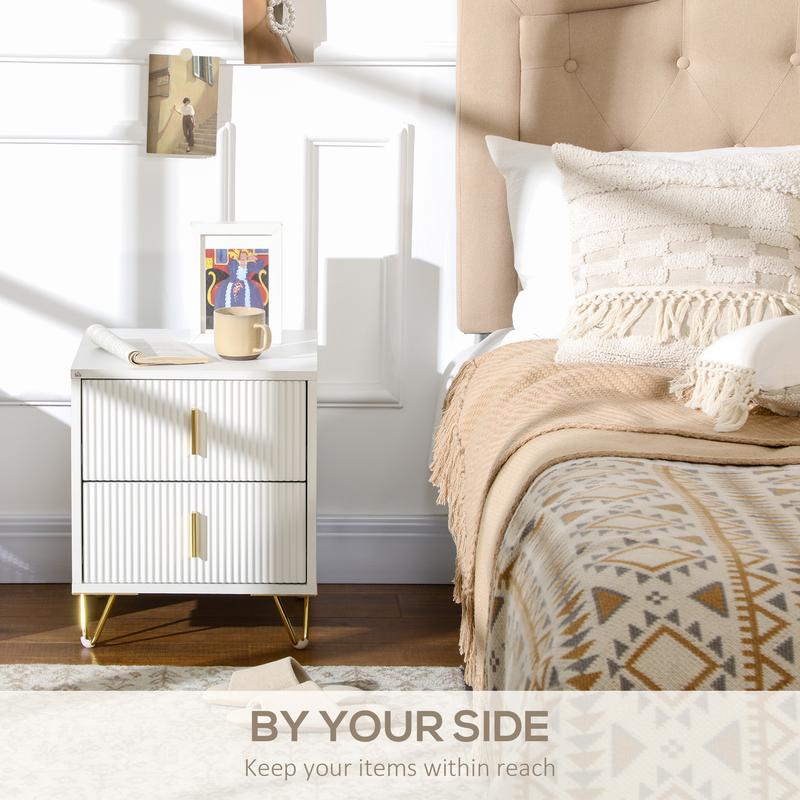 HOMCOM Bedside Table with 2 Drawers, Side End Table, Nightstand Bedside Cabinet with Metal Frame for Living Room, Bedroom, White 3