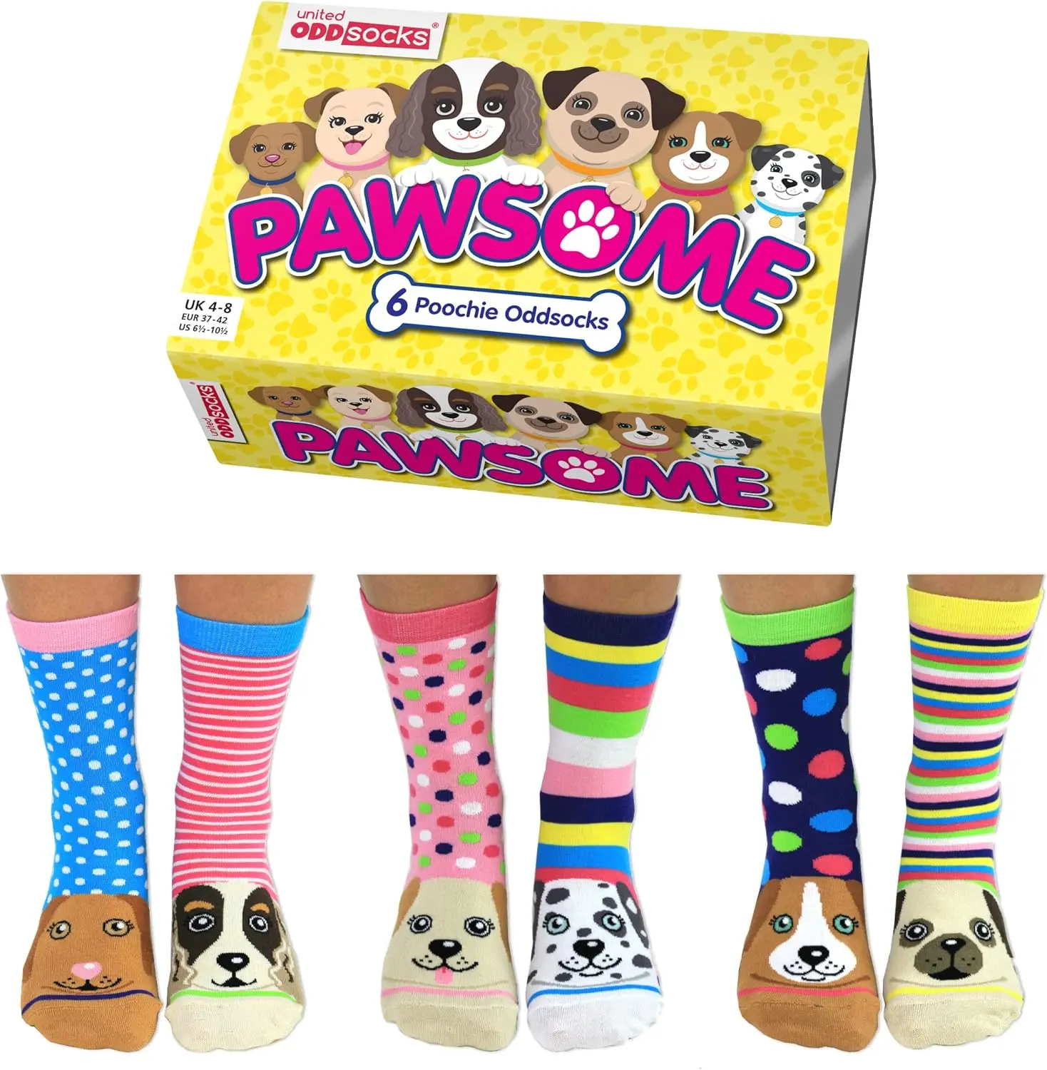 United Oddsocks Pawsome- Box 6 Mix & Match Women Socks, UK 4-8, EUR 37-42, US 6.5 -10.5. Fun and Quirky Birthday, Christmas, Mother's Day Gift for Ladies Comfort Comfy