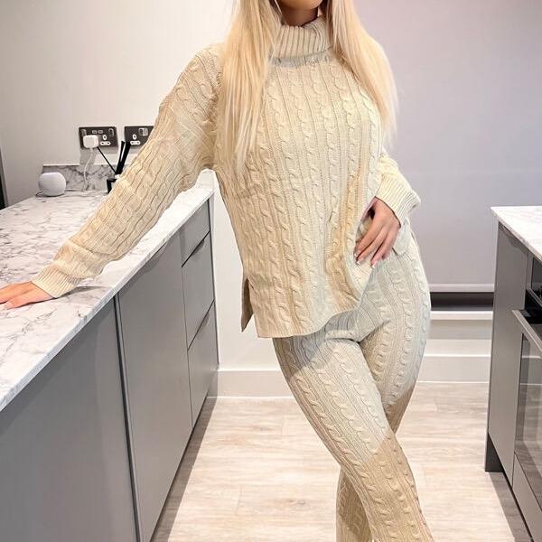 Women's Cable Knit Leggings Set with Roll Neck - Bottoms, Womenswear 7