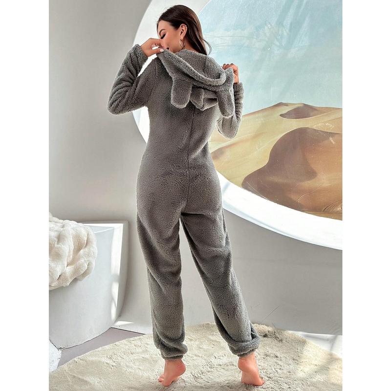 Panda & Letter Embroidery 3D Ear Design Hooded Flannel Sleep Romper Long Sleeve Fit 1
