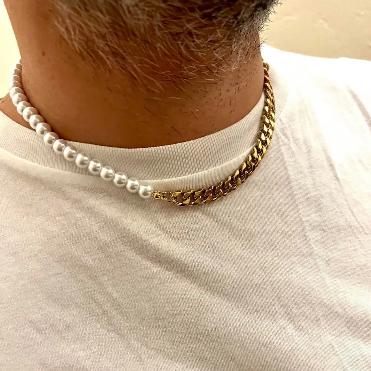 High Quality, gold plated Stainless Steel curb chain and pearl Men’s necklace