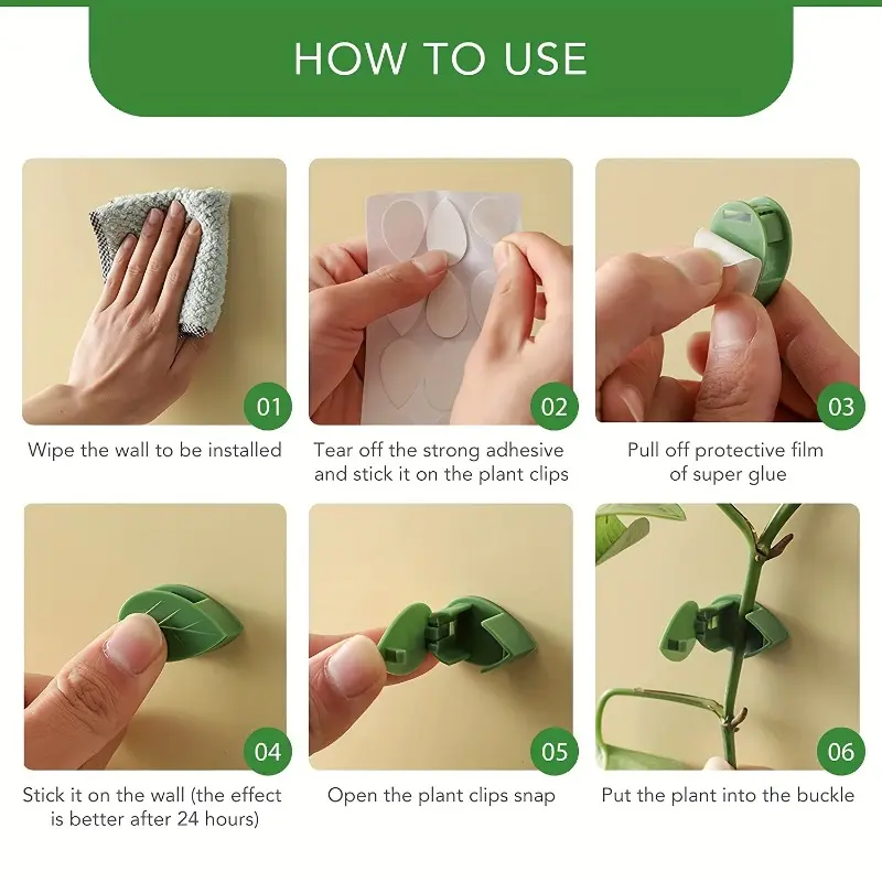 10pcs Green Plastic Climbing Wall Clips, Self-Adhesive Support Fixing Hooks, Sticky Garden Vine Holder for Pothos and Decorative 4