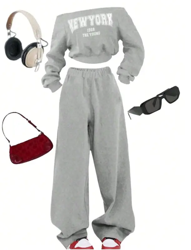 Kids 2pcs/Set Teenage Girls Casual Off-Shoulder Sweatshirt And Sweatpants Set 7