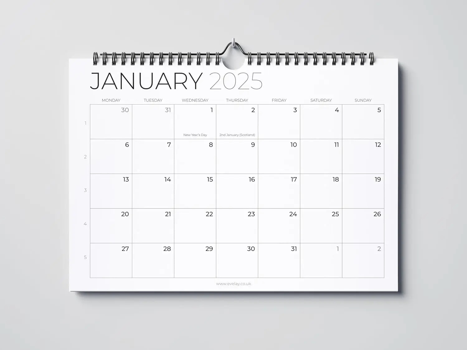2025 Calendar A4 Landscape Month To View Spiral Bound Wall Planner White Organiser for Family Home Office School