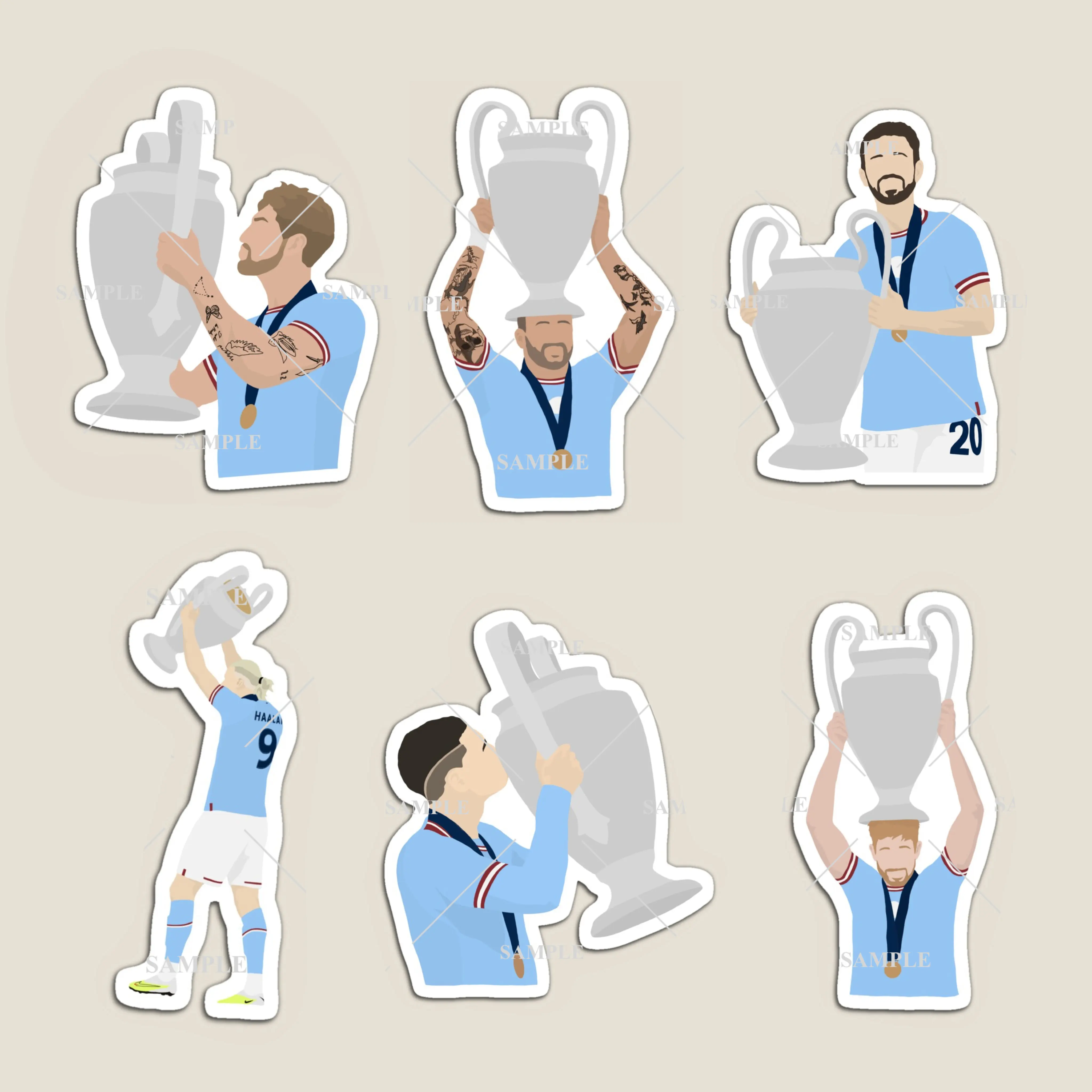 Man City Champions League Winners Stickers or Magnets including Haaland, Foden, Bernardo, De Bruyne, Stones & Walker.
