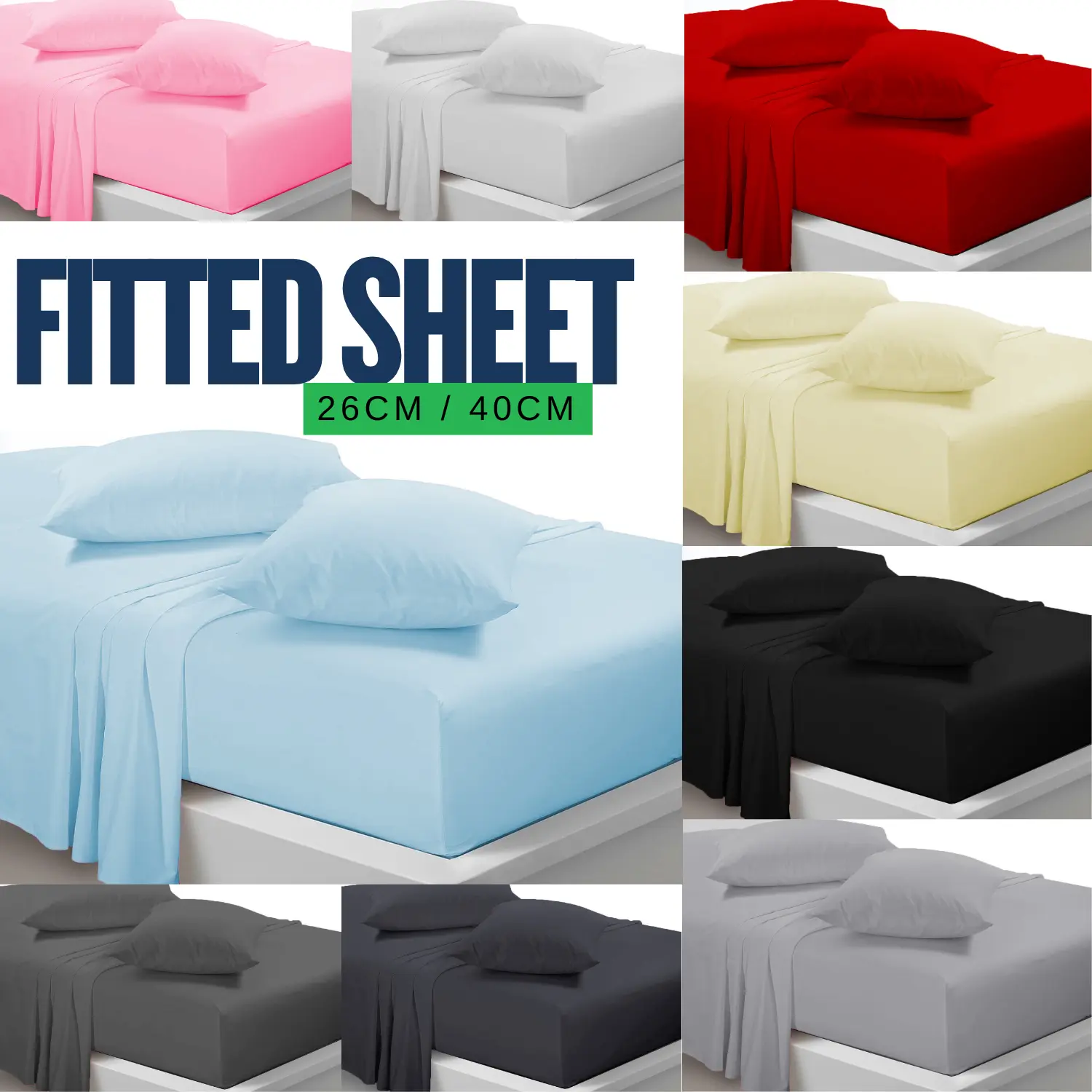 Premium Quality Microfiber Fitted Bed Sheets Extra Deep - Available in 26cm & 40cm Deep Options, Ultra Soft, Wrinkle-Free & Elastic 10 Colours & 5 Sizes Single 4FT Double King Super-King