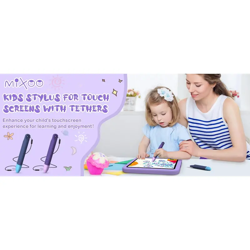 Stylus Pens for Touch Screens with Tethers - Mixoo Anti-Rolling Tablet Stylus 2 Pack for Kids, Compatible with iPad, iPhone, Tablets, Kindle and All Touch Screen Devices (Blue+Purple) 8